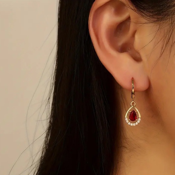 Elegant Silver Drop Earrings with Red Teardrop Ruby and Crystal Accents Vintage - Picture 2 of 4